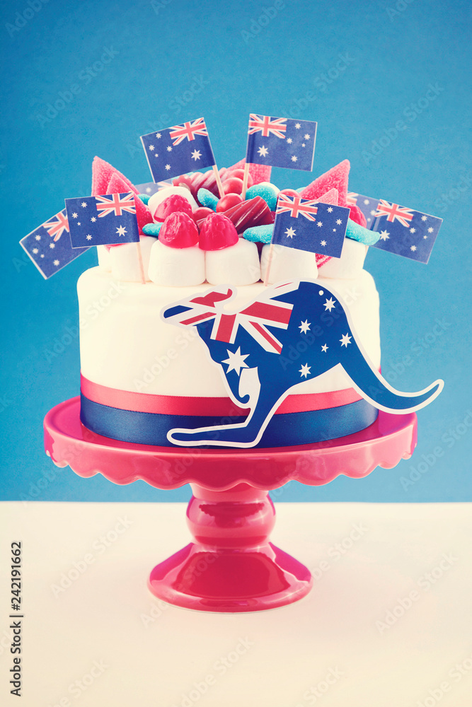 Happy Australia Day celebration cake with flags, marshmallow and ...