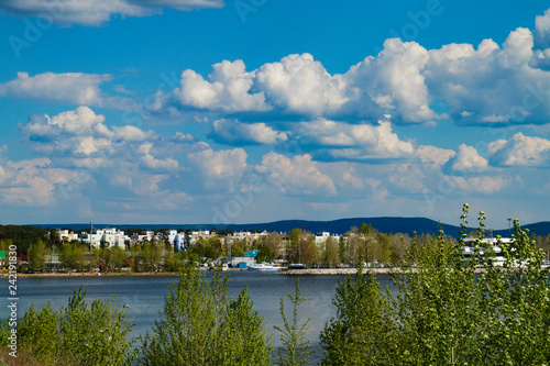 walk, landscape, river, shore, trees, houses, buildings, sky, clouds