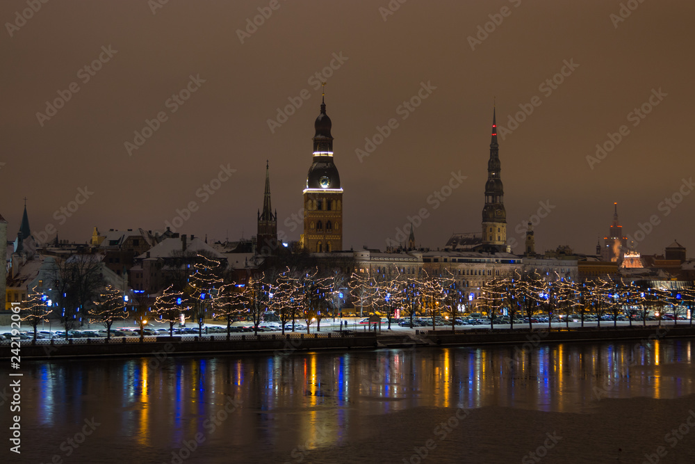 Obraz premium Night view of Riga Latvia city. Panorma. 