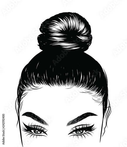 Woman with stylish classic bun with perfet eyebrow shaped and ful. Illustration of business hairstyle with natural long hair. Hand-drawn idea for gretting card, poster, flyers, web, print for t-shirt.