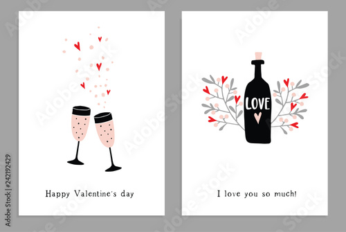Set of Valentines day or wedding greeting cards, party invitations. Hand drawn wine glasses, champagne bottle and confetti stars. Handlettered text. Isolated vector illustrations, white background.