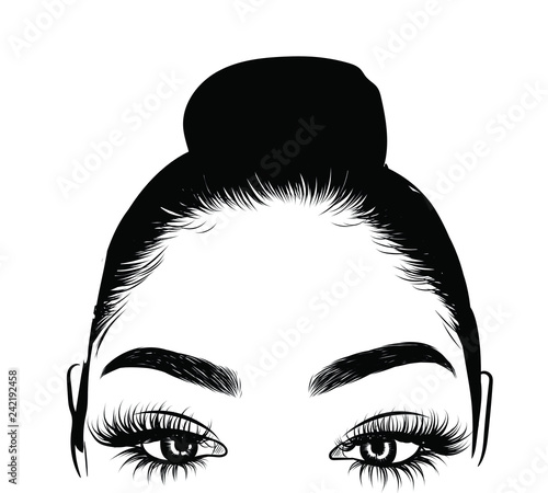 Woman with stylish classic bun with perfet eyebrow shaped and ful. Illustration of business hairstyle with natural long hair. Hand-drawn idea for gretting card, poster, flyers, web, print for t-shirt.