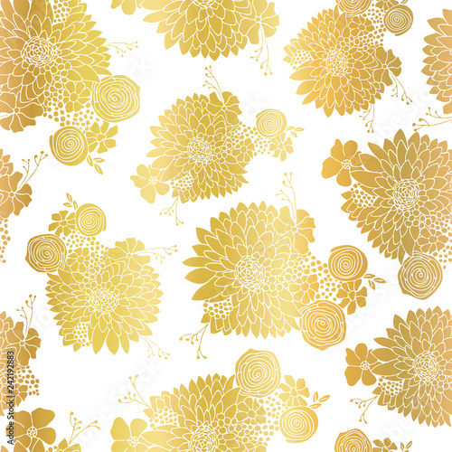 Gold metallic foil Flower pattern seamless background vector. Golden floral arrangements on white with Aster, Daisy, Petunia. Elegant design for digital paper, wedding, celebration, party, invitation.