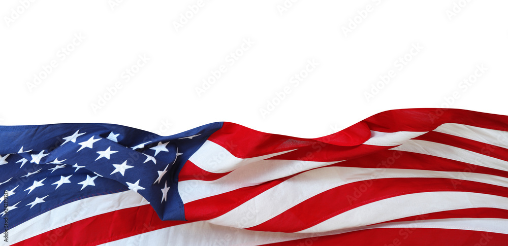USA America flag stars and stripes banner on white. Copy space - obrazy, fototapety, plakaty 