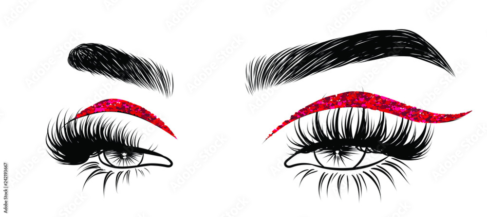 Valentines day glitter makeup . Hand drawn vector idea for business visit cards, templates, web, salon banners,brochures. Natural eyebrows and glam eyelashes