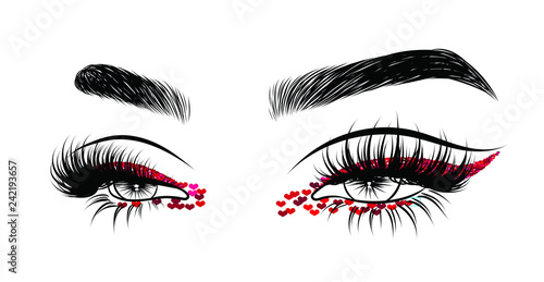 Valentines day glitter makeup . Hand drawn vector idea for business visit cards, templates, web, salon banners,brochures. Natural eyebrows and glam eyelashes