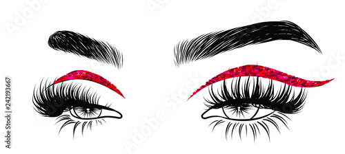 Valentines day glitter makeup . Hand drawn vector idea for business visit cards, templates, web, salon banners,brochures. Natural eyebrows and glam eyelashes