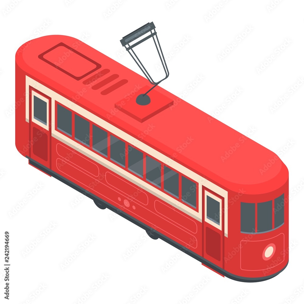 Red tram car icon. Isometric of red tram car vector icon for web design isolated on white background
