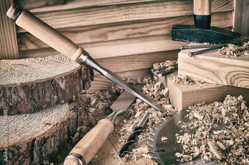 Photos Shaving plane wooden shavings hammer flat chisels construction concept