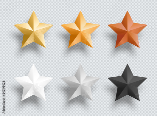 3d Metal Stars Gold Silver Bronze Vector Elements Set