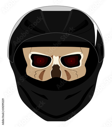 Human skull with ruby eyes in black full face motorcycle helmet with opened visor face view isolated on white vector illustration
