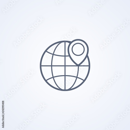 Global location, pin on globe, location, vector best gray line icon