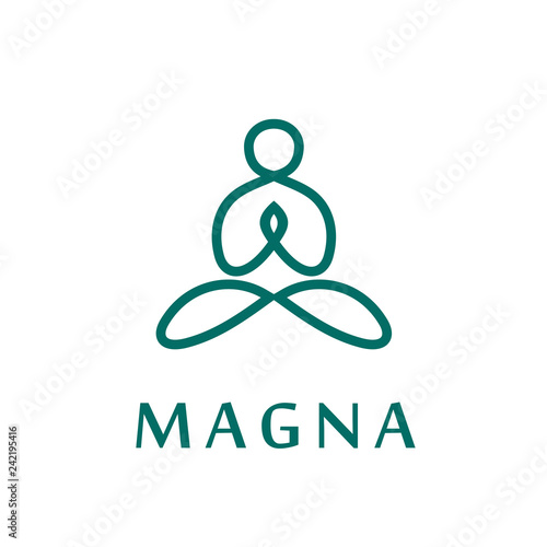 Modern vector logo in a linear style. Fitness room, spa facilities, lotus flower, Fashion and beauty. Abstract yoga human linear logo. Thread person flower balance logotype. Creative spa, guru vector 