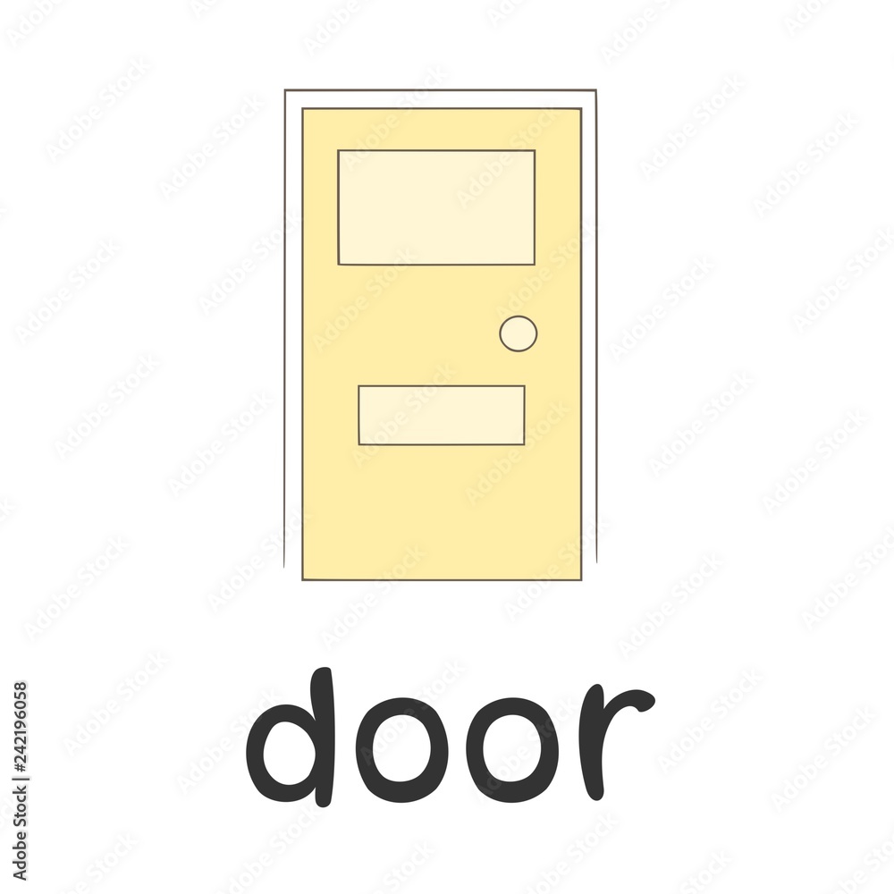 Children`s word card - english language: door, house, line art, cartoon illustration, vector outline, learning, vocabulary, education Children`s word card - english language: door, house, line art, cartoon illustration, vector outline, learning, vocabulary, education