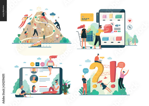 Business series set, color 1 -modern flat vector concept illustrated topics - career, buy online shopping, reviews, faq - question and answer. Creative landing web page design template
