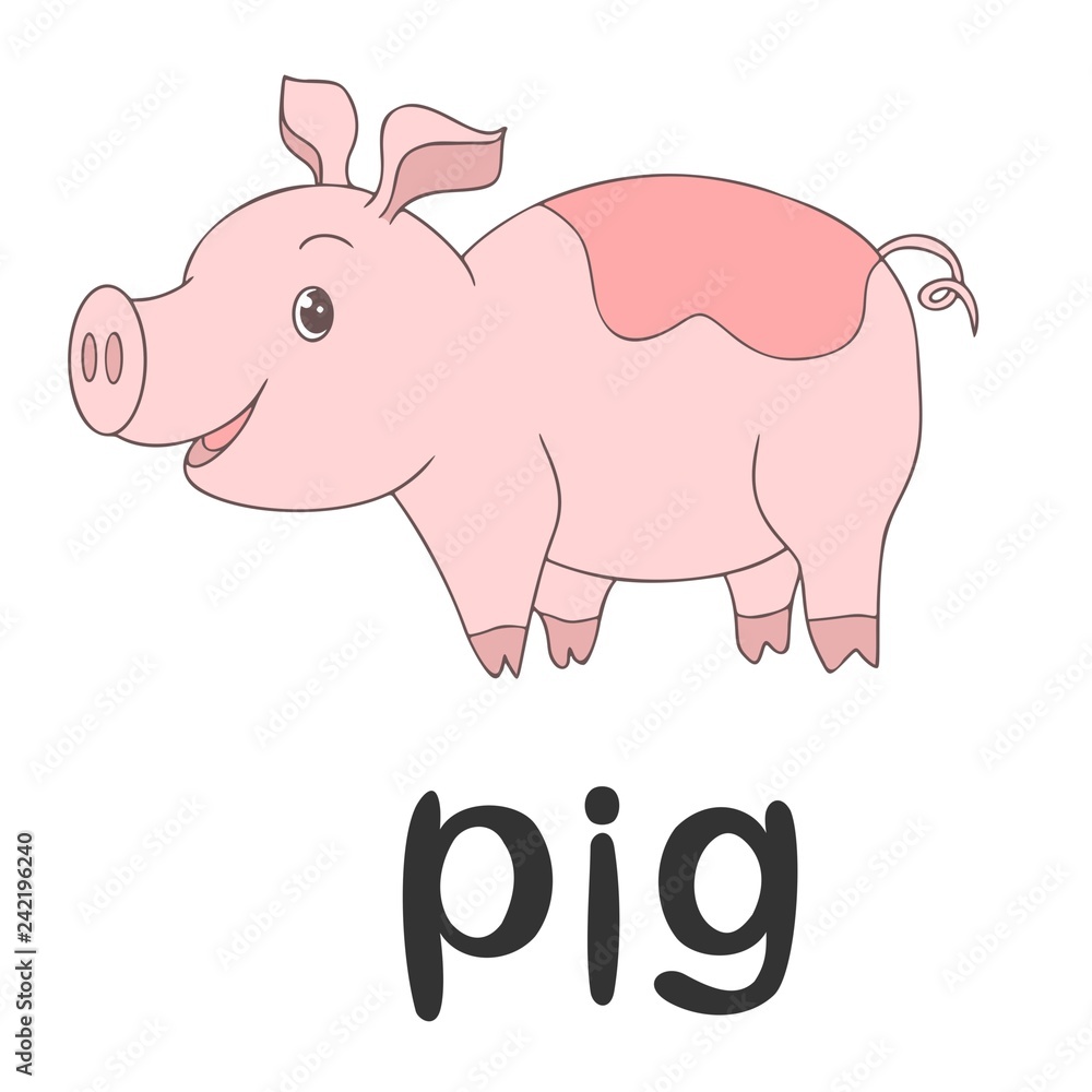 Children`s word card - english language: pig, farm animal, pet, line art,  cartoon illustration, vector outline, learning, vocabulary, education Stock  Vector | Adobe Stock