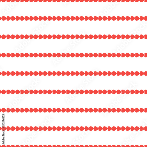 The seamless pattern with red hearts in a row on a white background. Vector.