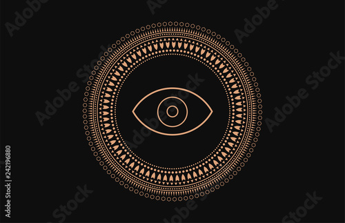 Circle Geometric Ornament. Geometric alchemy symbol with Eye. Abstract occult and mystic signs. Black background.