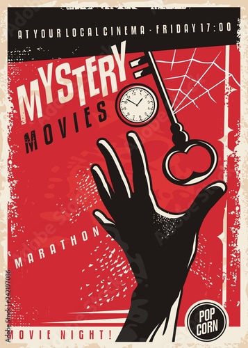 Mystery movies marathon retro cinema poster design. Film poster template with hand silhouette, clock,  key and spider web. Vector layout.