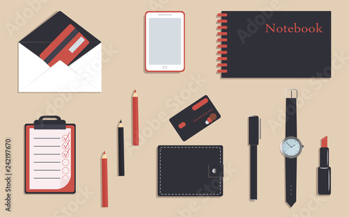 Business stationery in corporate identity trendy colors. A planner or to do list and notebook.  Pencils and pen. A wallet. Wrist watch. Credit cards. Mobile phone. Vector illustration. Branding design