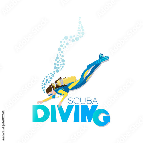 SCUBA DIVING. Young woman in a diving suit and fins swimming underwater with an aqualung. Poster with an image on on a white background. 