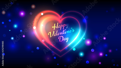 Neon happy valentines day vector greeting cards, bright multi-colored heart shape on dark bokeh background