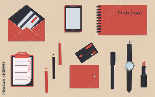 Business stationery in corporate identity trendy colors. A planner or to do list and notebook.  Pencils and pen. A wallet. Wrist watch. Credit cards. Mobile phone. Vector illustration. Branding design