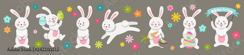 Set of cute Easter cartoon characters rabbits and design elements flowers. Easter bunny and flowers. Vector illustration.