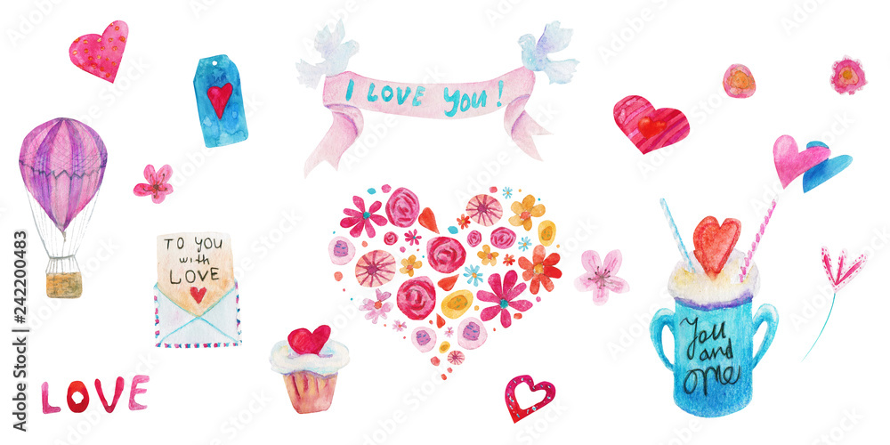 Watercolor Valentine day isolated illustration on white. Ribbon, pigeons, cupcake, hearts, letter, badge, bow