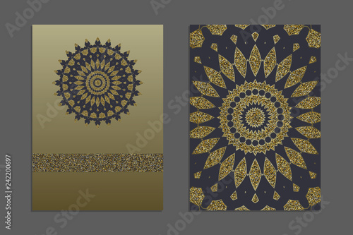 Luxury Templates for greeting and business cards, brochures, covers with gold glitter in ethnic style. Oriental pattern. Mandala. Wedding invitation, save the date, RSVP. Arabic, Islamic, asian motifs