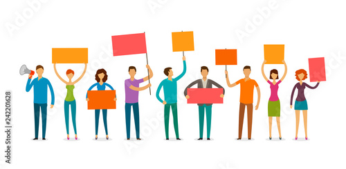 Crowd of people with placards on demonstration. Manifestation, protestation concept. Cartoon vector illustration