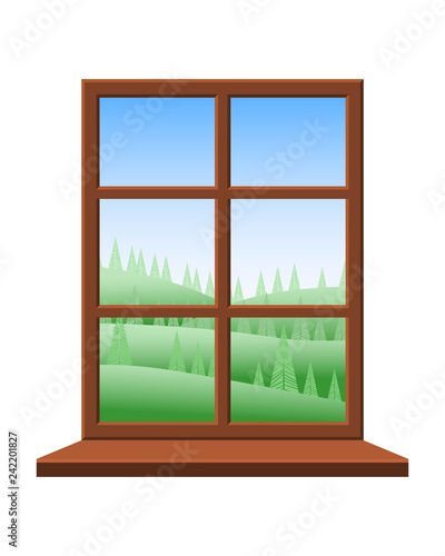 View of the spring landscape from the window with a brown frame. From the window you can see green fields, trees and blue sky. Vector illustration. 