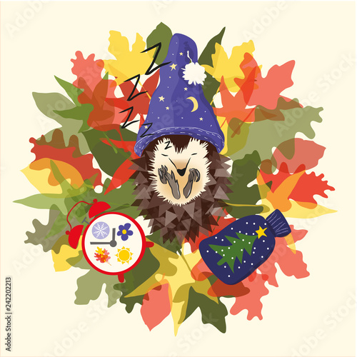 Hedgehog character hibernating on a nest of autumnal leaves