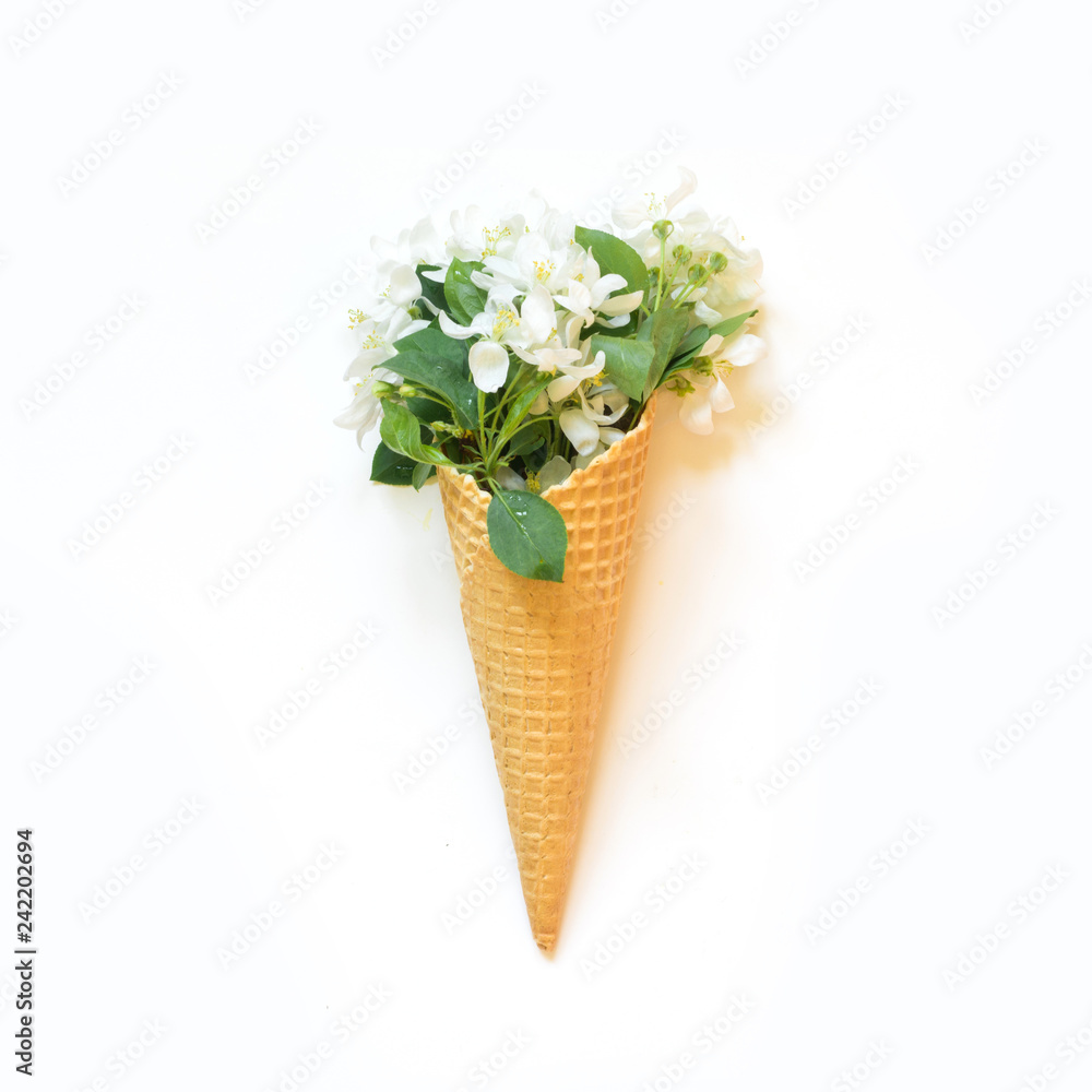 Creative still life of white spring flower in waffle cone on white. Spring concept. Top view.