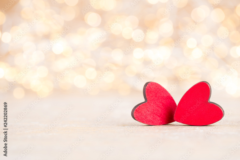 Fototapeta premium Red heart bokeh background, valentine day greeting card.