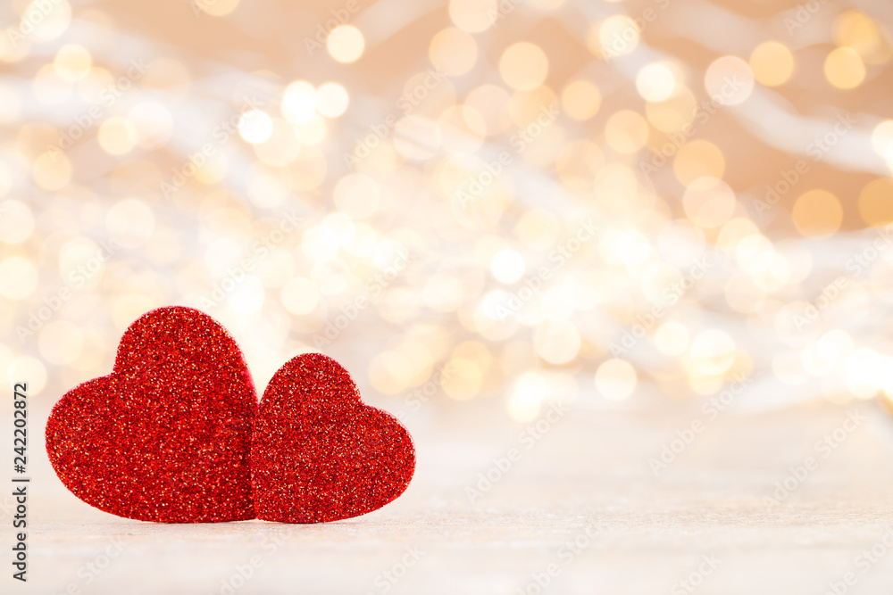 Obraz premium Red heart bokeh background, valentine day greeting card.