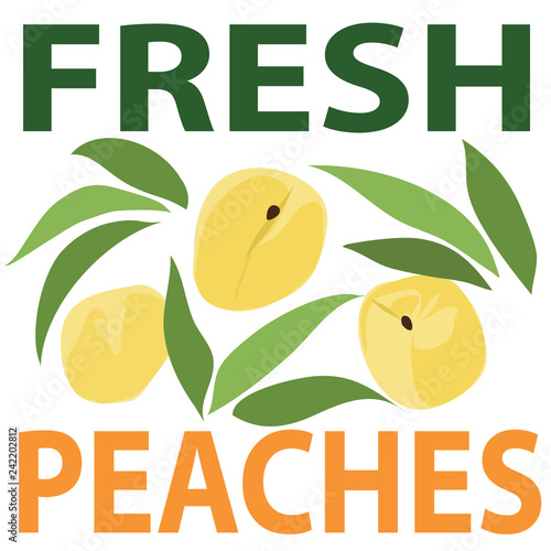 Colourful sign for fresh peaches in bold uppercase letters with three peaches 