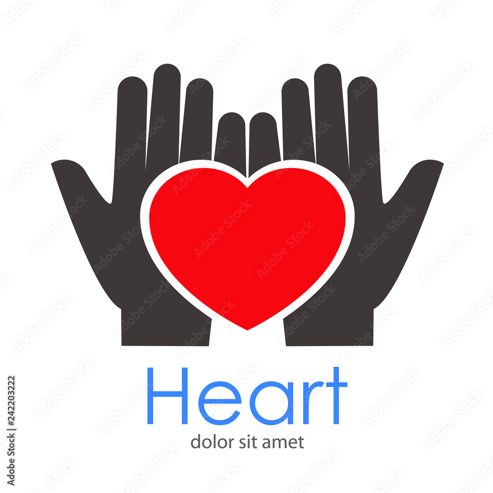Logotipo abstracto con texto Heart con dos manos en color gris con corazón en color rojo Logotipo abstracto con texto Heart con dos manos en color gris con corazón en color rojo