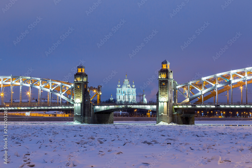 Peter the Great Bridge and Smolny Cathedral in Saint-Petersburg with lights in the winter night
