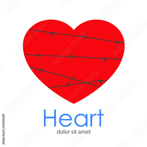 Logotipo abstracto con texto Heart con corazón rojo con alambre de espinos gris