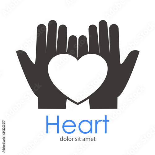 Logotipo abstracto con texto Heart con dos manos con corazón en espacio negativo en color gris 