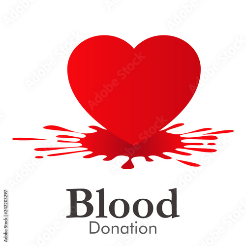 Logotipo con texto Blood Donation con corazón sobre salpicadura en color rojo