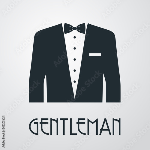 Logotipo con texto GENTLEMAN con chaqueta con corbata de lazo en fondo gris