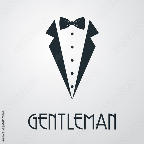 Logotipo con texto GENTLEMAN con corbata de lazo y solapas de chaqueta en fondo gris