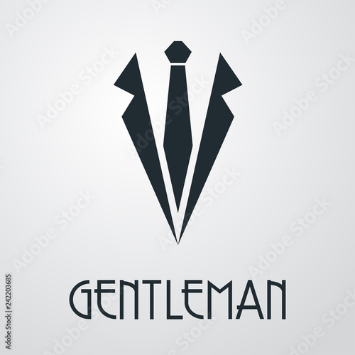 Logotipo con texto GENTLEMAN con corbata y solapas de chaqueta en fondo gris