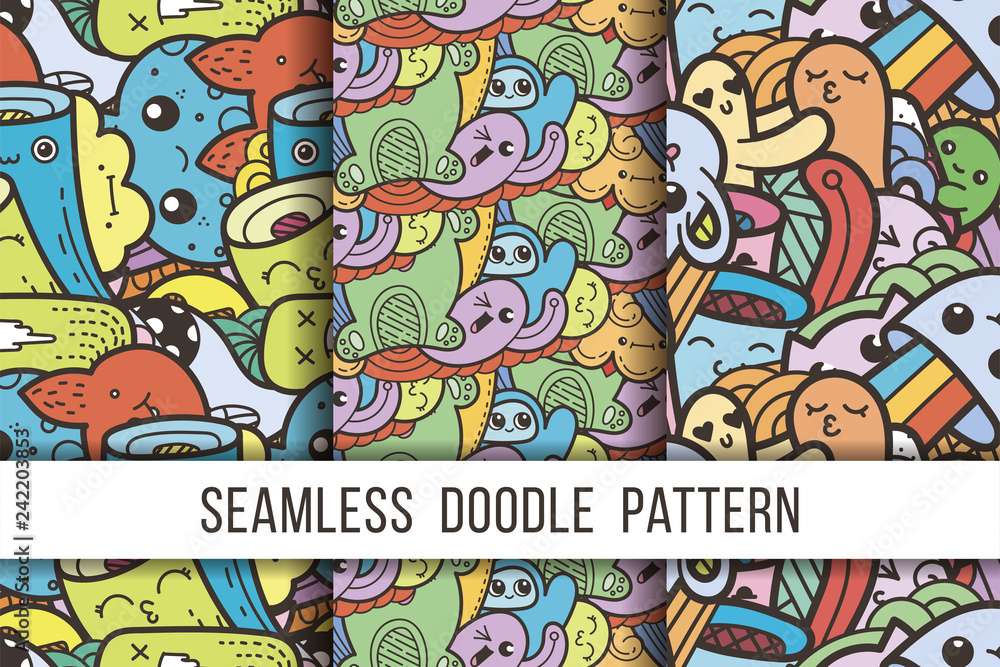 Collection of funny doodle monsters seamless pattern for prints, designs and coloring books