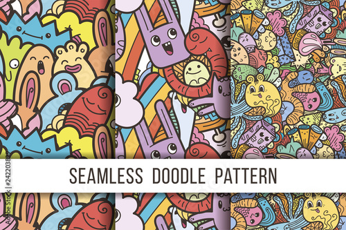 Collection of funny doodle monsters seamless pattern for prints, designs and coloring books