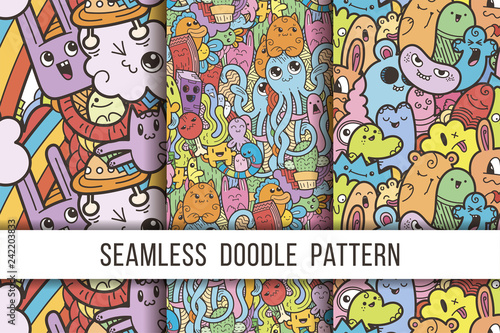 Collection of funny doodle monsters seamless pattern for prints, designs and coloring books