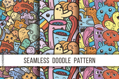 Collection of funny doodle monsters seamless pattern for prints, designs and coloring books