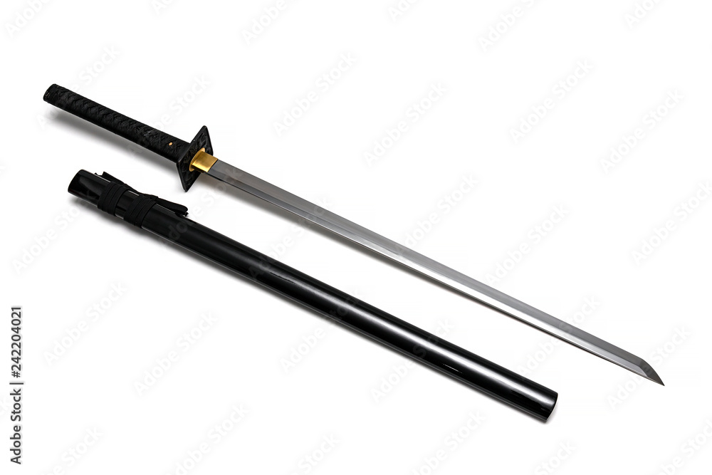 Japanese straight sword steel fitting and black cord with shiny black scabbard on white background. Japanese straight sword steel fitting and black cord with shiny black scabbard on white background.